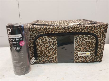 OrganizeMe Leopard Print Storage Bin & GVP Travel Hair Iron Set 14