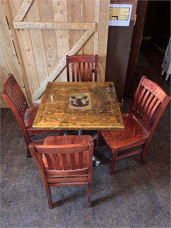 Swamp donkey pedestal table with four cherry wood chairs P