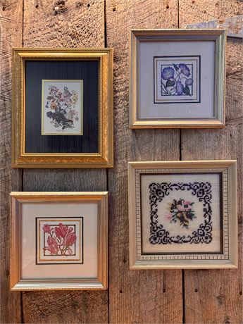 4 Framed Botanical Prints & Needlework OA