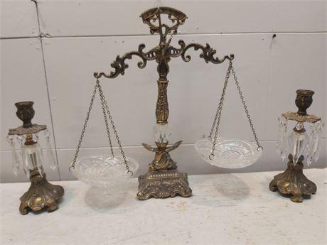 Ornate Hollywood Regency Brass and Crystal Centerpiece Set OA
