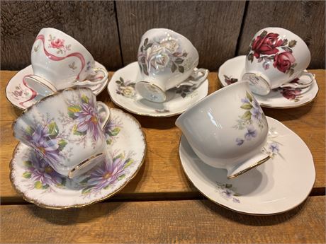 5 Vintage English Bone China Teacup & Saucer Sets | Royal Stafford 18