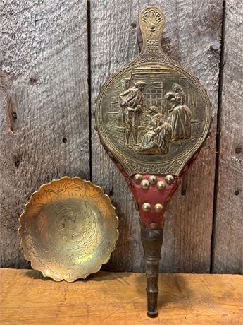Antique-Style Embossed Brass Hearth Set: Tavern Scene Bellows & Etched OA