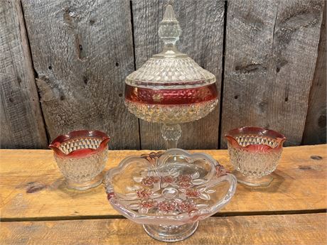 Vintage Indiana Glass Diamond Point Cranberry Flash Set & Frosted Rose Bowl 10