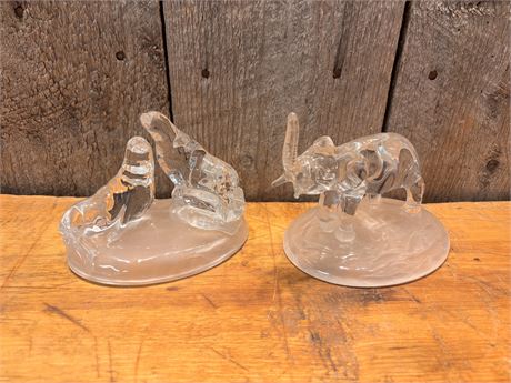 Vintage Crystal Glass Figurine Set Elephant and Pair of Seals Frosted Bases FC