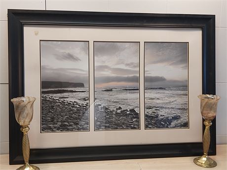 Framed Triptych Coastal Landscape Art with Decorative Candlesticks 5BW