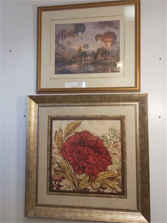 Elegant Framed Art Pair: Hot Air Balloon Landscape & Botanical Peony 10