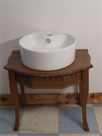 Contemporary White Ceramic Vessel Sink & Vintage-Style Wood Stand 16