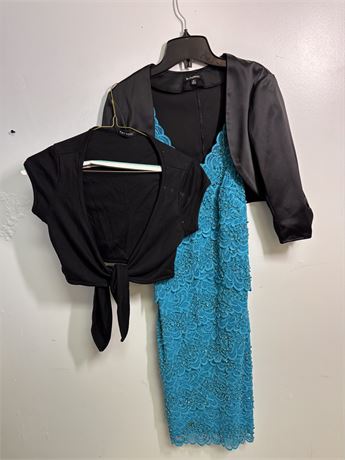Le Chateau Turquoise Lace Sequin Cocktail Dress S & Black Satin Bolero Shrug OA