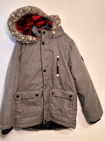 Canadiana Kids Winter Parka - Size 10/12 - Grey with Red Plaid Lining & Faux14BW