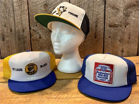 3 Vintage 80s Trucker Hats: Pittsburgh Penguins, St. Louis Blues, Budweiser15