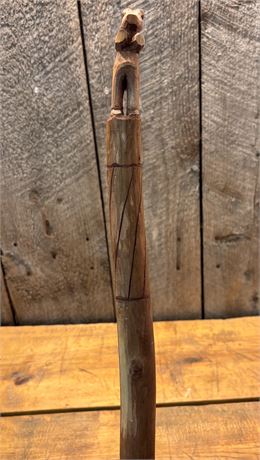 Signed Folk Art Walking Stick - Hand-Carved Bear Topper & Monogram OA