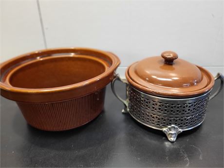 ​Brown Glazed Stoneware Casserole Set with Silver-Tone Gallery Stand 15