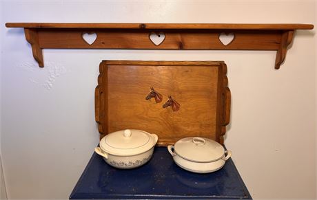 4-Piece Vintage Farmhouse Decor Set: Ironstone Tureens, Equestrian Tray & Pine10