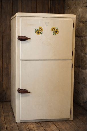 Antique 2-Door White Enamel Metal Icebox OA