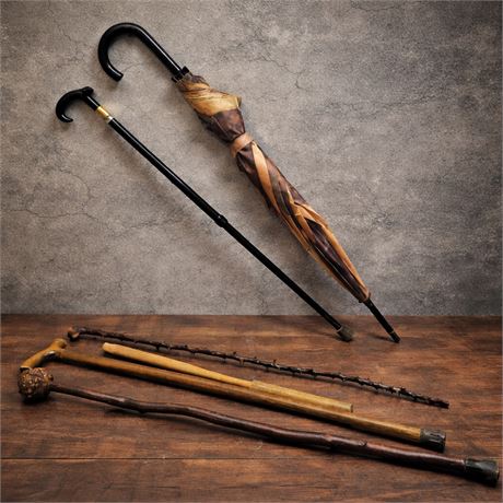 Collection of Vintage Walking Canes and Classic Umbrella 2