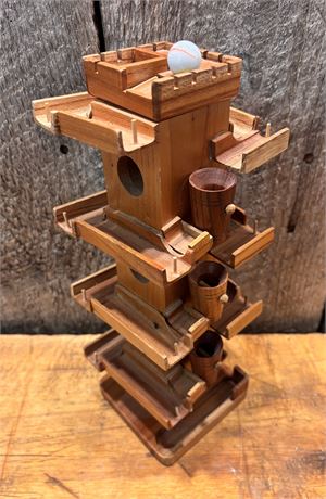 Vintage Handcrafted Wooden Castle Marble Run Tower – 3-Tier Tipping Buckets3
