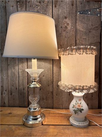 Vintage Table Lamp Duo: Elegant Cut Glass & Mid-Century Milk Glass Floral PairOA