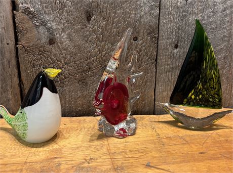 Curated Trio of Art Glass: Murano Style Angelfish, Penguin, & Sailboat FS