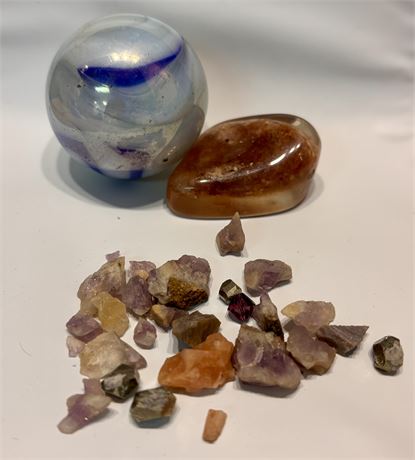 Mixed Crystal & Mineral Lot: Amethyst, Pyrite, Orange Calcite & Glass Decor FS