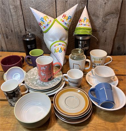 Mega Kitchenware & Party Set: Mugs, Plates, Tumblers, Bowls & Birthday Hats