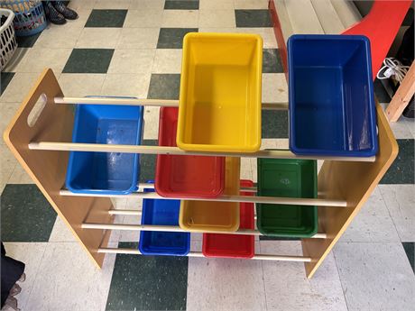 4-Tier Wooden Toy Storage Organizer Rack with 8 Plastic Bins