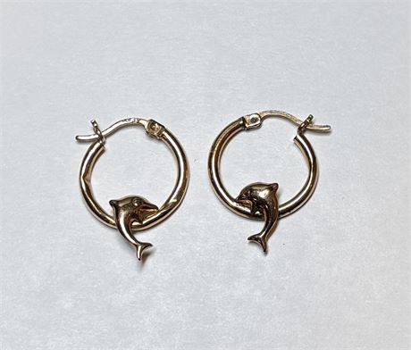 10K Yellow Gold Dolphin Hoop Earrings - Vintage Nautical Fine Jewelry