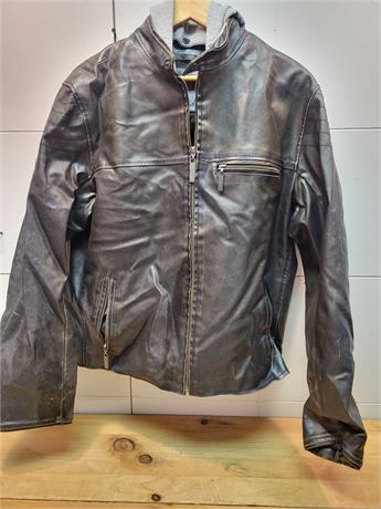 DH3 Men's Faux-Leather Hooded Jacket, Size Medium - Distressed Black/Brown 19BW