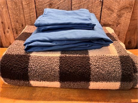 Double Size Blue Sheet Set with Oversized Buffalo Plaid Sherpa Blanket