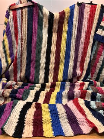 Large Vintage Handmade Multi-Color Striped Crochet Afghan Blanket – 78" x 96"