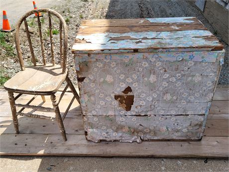 Vintage Wooden Chair and Wallpaper-Covered Storage Trunk