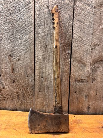 Vintage Carved Wood Handle Axe with Wire Wrap Accent