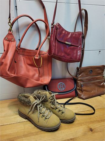 Assorted Women's Handbags and Size 10 Boots