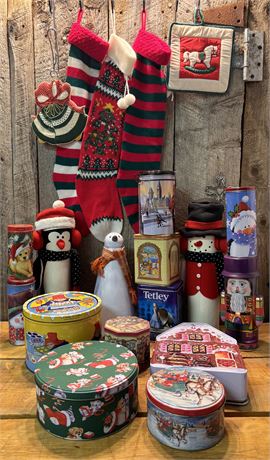 Vintage & Modern Holiday Collectibles - Decorative Tins, Stockings & Figurines