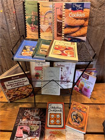 Vintage Cookbooks & Recipe Booklets w/ Black Wire Display Rack