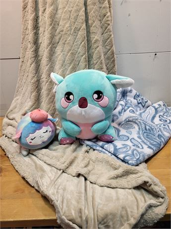 Plush & Cozy Comfort Lot - (2) Stuffed Animals & (2) Throw Blankets