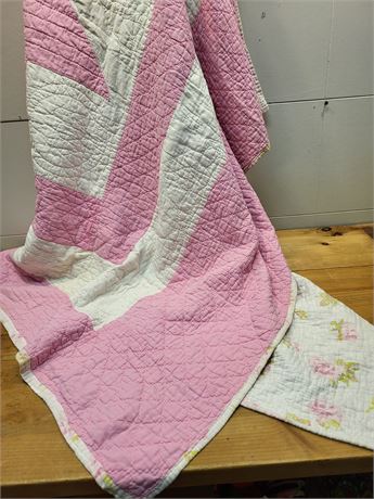 Vintage Pink & White Geometric Patchwork Quilt
