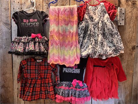 Infant Girl Clothing (6-12 Months) & Hand-Knit Blanket – 6-Piece Set