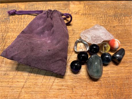 Vintage Crystal, Fluorite, Raw Quartz & Marble Collection with Velvet Pouch