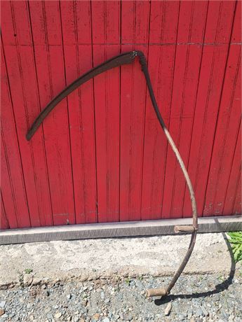 Antique Primitive Grass Scythe with Curved Metal Snath