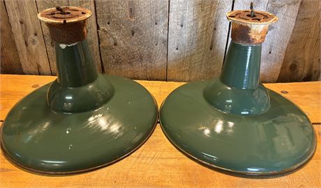 Pair of Vintage Green Porcelain Enamel Industrial Barn Light Shades - 16"