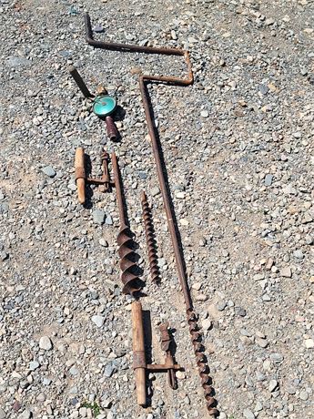 ​Antique Primitive T-Handle Auger Drill Bits & Carpenter Crank Set