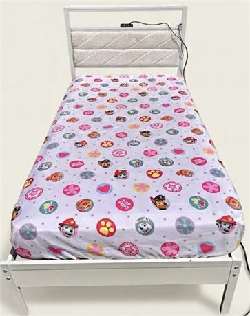 Twin Size White Metal Platform Bed with Built-In USB/Power Outlets & Mattress P