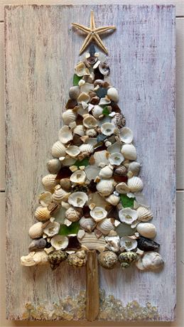 Coastal Sea Glass & Shell Christmas Tree Mosaic Wall Art