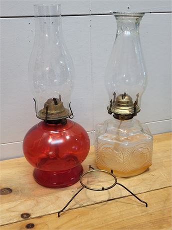 ​Vintage Lamplight Farms Clear Embossed & Red Glass Kerosene Oil Lamps Set