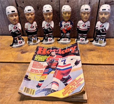 Vintage Team Canada & Team USA Hockey Bobblehead Lot (6) w/ 1978 Hockey Yearbook