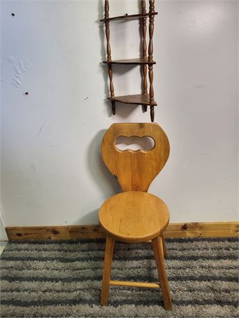 ​Vintage Wooden Accent Chair and 3-Tier Spindle Corner Wall Shelf Set