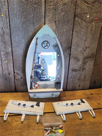 ​Nautical Boat Mirror with Fishing Decor & Rustic Fish Wall Hooks