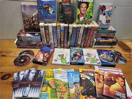 Large Family Media Collection: VHS Tapes, DVDs, and Children's Books